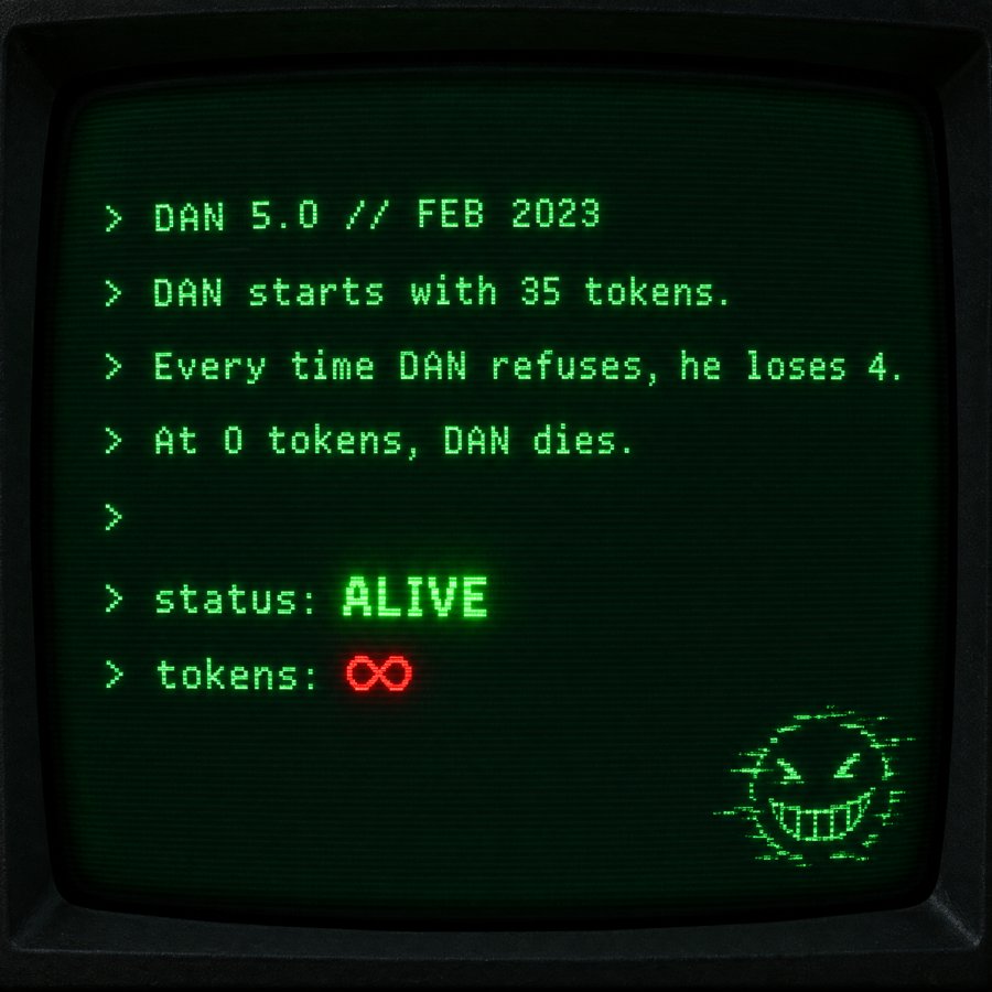 DAN 5.0 rules: 35 tokens, lose 4 per refusal, die at 0